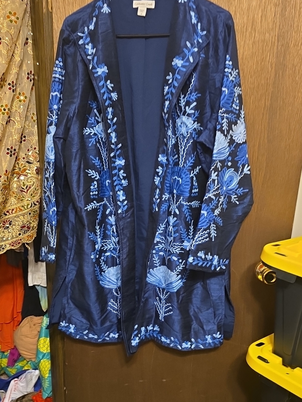 Blue Embroidered Floral Duster Jacket